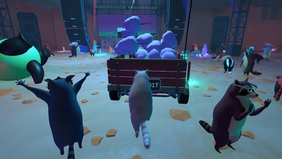 Raccoons gather with a wagon at a lively Trash Day party