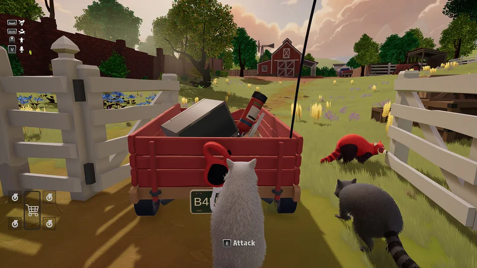 A raccoon crew loads a red wagon beside the farm barn in Trash Day