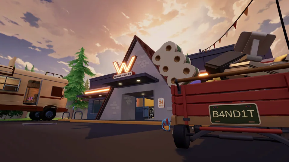 A loaded Trash Day wagon parked outside the Whatamart store at dusk