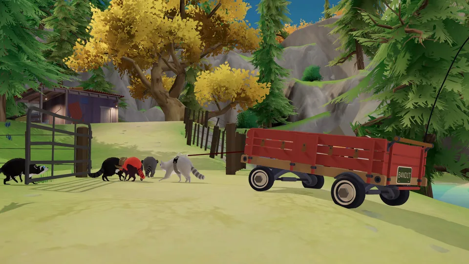 A raccoon crew pulls a red wagon along a country road in Trash Day